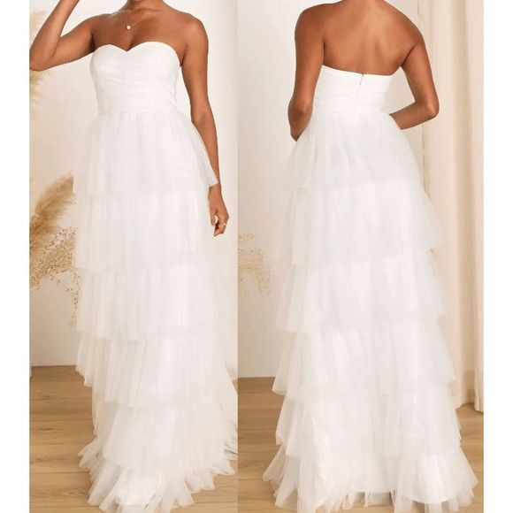 Lulu's White Tulle Pleated Strapless Maxi Dress XL - Picture 1 of 11